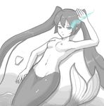  armpits black_rock_shooter black_rock_shooter_(character) blue_eyes breasts glowing glowing_eye groin long_hair lying mermaid minerva_(artist) monochrome monster_girl monsterification navel nipples nude on_back shell small_breasts solo twintails very_long_hair 
