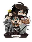  3boys ahoge angry bad_id bad_pixiv_id belt black_hair boots carla_yeager charging chibi cuffs dual_wielding emblem eren_yeager green_eyes grisha_yeager halo handcuffs highres holding jacket looking_at_viewer miyamayomema monster multiple_boys open_mouth paradis_military_uniform prison rogue_titan shaded_face shingeki_no_kyojin short_hair simple_background smoke sword syringe teeth thigh_strap three-dimensional_maneuver_gear training_corps_(emblem) waving weapon white_background 