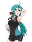  ahoge arm_up green_eyes green_hair hair_ribbon hatsune_miku highres long_hair oonishi_shunsuke open_mouth ponytail ribbon shorts simple_background solo sportswear vocaloid volleyball volleyball_uniform white_background 
