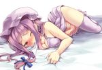  bare_shoulders bed_sheet blush bow breasts cleavage hair_bow hat large_breasts long_hair masturbation patchouli_knowledge purple_eyes purple_hair purple_legwear pussy_juice sheet_bite sheet_grab sleeveless snowcanvas solo thighhighs touhou tsurime 