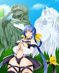  asymmetrical_wings bare_shoulders blue_hair blue_sky blush bow breasts choker cleavage cloud day dizzy guilty_gear hair_bow hand_on_own_head highres large_breasts laughing long_hair navel necro_(guilty_gear) onsoku_maru open_mouth red_eyes ribbon skull sky smile solo tail tail_ribbon teeth thighhighs twintails underboob undine_(guilty_gear) wings 