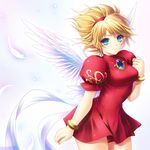  bad_id bad_pixiv_id blonde_hair blush bracelet breath_of_fire breath_of_fire_iii bururai dress feathers green_eyes hairband jewelry nina_(breath_of_fire_iii) short_hair smile solo white_wings wings 