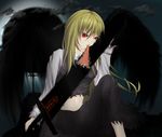  bad_id bad_pixiv_id blonde_hair ex-rumia husky_(artist) long_hair mouth_hold navel red_eyes ribbon ribbon_in_mouth rumia solo sword touhou weapon wings 