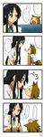  2girls 4koma :o absurdres akiyama_mio animal_ears black_hair blush blush_stickers brown_hair comic dated face_licking grey_eyes hairband head_bump highres k-on! licking long_hair multiple_girls open_mouth pleated_skirt short_hair sidelocks signature skirt suan_ringo tail tainaka_ritsu tongue translated trembling wolf_ears wolf_tail yuri |_| 