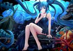  barefoot blue_eyes blue_hair bubble dress fish floating_hair hand_on_own_chest hatsune_miku highres long_hair nail_polish rayxray shinkai_shoujo_(vocaloid) sitting solo twintails underwater very_long_hair vocaloid wet wet_clothes 