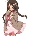  ahoge bad_id bad_pixiv_id blush braid brown_eyes brown_hair freckles glasses hair_ornament idolmaster idolmaster_cinderella_girls long_hair okuyama_saori oniku_(shimofuri-ke) solo twin_braids 