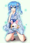  alternate_hairstyle blue_eyes blue_hair blush bunny collarbone date_a_live flower hand_puppet japanese_clothes long_hair long_sleeves open_mouth puppet side_ponytail solo wide_sleeves yoshino_(date_a_live) yoshinon zegdos 