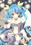  asymmetrical_wings bad_id bad_pixiv_id bare_shoulders black_feathers blue_hair blush bow breasts choker cleavage dizzy feathers guilty_gear hair_bow hand_on_own_chest kumaccyo large_breasts long_hair navel red_eyes ribbon solo tail tail_ribbon thighhighs twintails underboob wings 