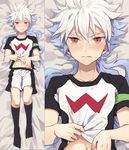  armband bad_id bad_pixiv_id blue_hair blush dakimakura hakuryuu_(inazuma_eleven) inazuma_eleven_(series) inazuma_eleven_go jaenbba long_hair looking_at_viewer male_focus multicolored_hair multiple_boys multiple_views navel no_shoes shirt_lift soccer_uniform sportswear two-tone_hair white_hair zero_(inazuma_eleven) 