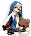  bike_shorts blonde_hair blue_eyes blush bridget_(guilty_gear) cross cuffs dd_mayohara fingerless_gloves gloves green_eyes guilty_gear habit long_hair male_focus nun open_mouth otoko_no_ko seiza sitting solo stuffed_animal stuffed_toy teddy_bear wrist_cuffs yo-yo 