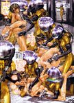  absurdres ass blue_eyes bodysuit breasts brown_hair brush censored cleaning_brush cyril_brooklyn feet galgrease galhound glasses gloves helmet highres laboratory large_breasts latex leg_grab nipples nude open_mouth pussy shiny shiny_skin shirou_masamune short_hair skinny spandex translation_request w_tails_cat washing yellow_bodysuit 