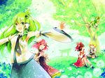  antenna_hair armpits azuma_aya bandages blonde_hair bloomers bobby_socks bow brown_hair chain clover_(flower) cuffs detached_sleeves flower grass green_eyes green_hair hair_bow hair_tubes hakurei_reimu highres ibaraki_kasen kirisame_marisa kochiya_sanae multiple_girls necktie official_art onozuka_komachi outstretched_arms pink_eyes pink_hair red_eyes sitting skirt socks spread_arms star torii touhou tree underwear wariza wild_and_horned_hermit wreath 