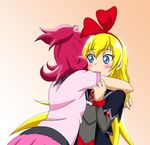  aida_mana blonde_hair blue_eyes blush dokidoki!_precure fuchi_(nightmare) hairband half_updo hug long_hair multiple_girls precure red_ribbon regina_(dokidoki!_precure) ribbon simple_background surprised 