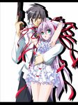  1girl al_azif black_hair choco_la_tea daijuuji_kurou demonbane dress frilled_dress frills green_eyes hair_ribbon hand_on_another's_face hug hug_from_behind jacket lavender_hair long_hair looking_back open_mouth purple_eyes purple_hair ribbon very_long_hair weapon wrist_cuffs 