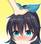  :&lt; aqua_eyes black_hair blush ganaha_hibiki hand_on_own_head idolmaster idolmaster_(classic) long_hair niratani_fumihiko petting ponytail ribbon solo yellow_background 