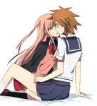  achiga_school_uniform aoki_shizumi arm_support atarashi_ako between_legs brown_hair eguchi_sera eye_contact imminent_kiss kneeling long_hair looking_at_another multiple_girls pink_eyes pink_hair saki saki_achiga-hen school_uniform senriyama_school_uniform short_hair simple_background sitting skirt white_background yuri 