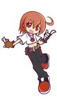  :d ahoge bad_id bad_pixiv_id belt brown_hair fingerless_gloves full_body gloves highres jewelry male_focus navel necklace open_mouth original pants parody puyo_(puyopuyo) puyopuyo puyopuyo_fever red_eyes shirt shoes smile solo standing standing_on_one_leg style_parody ururu1998 white_background 