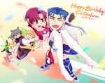  5girls bazett_fraga_mcremitz birthday blue_hair blush boots carnival_phantasm carrying dated earrings fang fate/hollow_ataraxia fate/stay_night fate_(series) happy_birthday jewelry lancer long_hair midriff misoiri_(gokutsubushi) multiple_girls nekoarc nekoarc_bubbles nekoarc_chaos nekoarc_destiny nekoarc_evolution ponytail princess_carry purple_eyes purple_hair short_hair thigh_boots thighhighs 