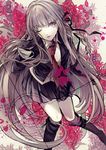  boots braid danganronpa danganronpa_1 flower gloves hair_ribbon hand_in_hair highres kirigiri_kyouko kizuna_(black15) lavender_hair lips long_hair necktie one_eye_closed pale_skin pleated_skirt purple_eyes ribbon skirt solo very_long_hair 