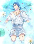  bad_id bad_pixiv_id blue_hair chiton earrings fate/stay_night fate_(series) jewelry lancer lily_pad long_hair male_focus mitsuki_mitsuno partially_submerged petals ponytail red_eyes solo tunic 