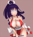  1girl breasts cosplay fan fatal_fury highres hyuuga_hinata large_breasts naruto ponytail purple_hair sakuama shiranui_mai shiranui_mai_(cosplay) simple_background snk solo 