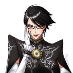  alternate_hair_length alternate_hairstyle amulet artist_name bayonetta bayonetta_(character) bayonetta_2 black_hair darika_wora-apinyaporn earrings elbow_gloves eyeshadow gloves hand_on_own_face jewelry lipstick makeup mole mole_under_mouth short_hair solo white_background white_gloves 