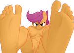  5_toes anthro anthrofied breasts companioncube equine eyes female foot_fetish foot_focus friendship_is_magic fur hair hand hindpaw horse human_feet mammal my_little_pony orange_fur paws pegasus plain_background plantigrade pony purple_eyes purple_hair scootaloo_(mlp) soles toes white_background wings 