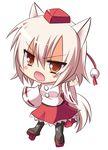  &gt;:( angry animal_ears aria. blush chibi detached_sleeves frown hat highres inubashiri_momiji open_mouth pantyhose red_eyes short_hair simple_background skirt solo tail tokin_hat touhou v-shaped_eyebrows waving white_background white_hair wolf_ears wolf_tail 