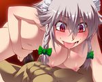  1girl assertive blush braid breasts drooling girl_on_top guided_penetration hayashi_custom hetero izayoi_sakuya large_breasts maid_headdress male_pubic_hair nipples nude penis pubic_hair red_eyes sex short_hair silver_hair solo_focus sweat tongue tongue_out touhou twin_braids 