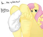  5_toes anthro anthrofied blue_eyes breasts companioncube dialog english_text equine eyes female fluttershy_(mlp) foot_fetish foot_focus friendship_is_magic fur hair hindpaw horse human_feet mammal my_little_pony paws pegasus pink_hair plain_background plantigrade pony socks soles text toes white_background wings yellow_fur 