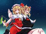  blonde_hair blush flandre_scarlet hair_ribbon hat hat_ribbon kuon_yashiro multiple_girls night night_sky outstretched_arms red_eyes ribbon rumia sky touhou wings 