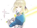  a4s1k4 ahoge armor armored_dress artoria_pendragon_(all) bad_id bad_pixiv_id blonde_hair command_spell copyright_name dress excalibur fate/zero fate_(series) gauntlets glowing glowing_sword glowing_weapon green_eyes juliet_sleeves long_sleeves puffy_sleeves saber solo sword weapon 