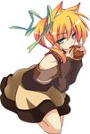  animal_ears bare_shoulders blonde_hair blush bread character_request choco_la_tea eating eiyuu_chronicle food fox_ears green_eyes hair_ribbon holding holding_food long_hair long_sleeves looking_at_viewer ribbon side_ponytail skirt solo transparent_background 