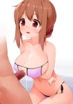  bare_shoulders bikini blush breasts brown_hair cleavage cum cum_on_body cum_on_breasts cum_on_upper_body ejaculation_between_breasts eyepatch_bikini kaisen_chuui large_breasts navel open_mouth original paizuri penis perpendicular_paizuri red_eyes side-tie_bikini smile solo_focus swimsuit 