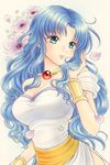  bare_shoulders blue_hair choker dress flower green_eyes jyan_borii long_hair madou_monogatari petals puyopuyo rulue_(puyopuyo) smile solo white_background 