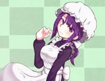  apron blush breasts copyright_request large_breasts long_hair looking_at_viewer maid maid_cap mugai_(tamac) purple_eyes purple_hair smile solo 