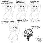  armpits asuka_(senran_kagura) bikini_top bow breasts chibi chibi_inset cleavage commentary comparison dated english english_commentary eu03 greyscale hair_bow how_to huge_breasts long_hair monochrome ponytail senran_kagura sideboob signature sketch 