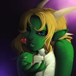  &lt;3 blonde_hair blue_eyes breasts bust claws dragon ear_piercing faint female green_lips green_skin hair horn lips long_hair looking_at_viewer non-mammal_breasts one_eye_closed piercing reptile scalie solo white_skin wink 