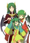  2girls blue_eyes color_connection crossed_arms draco_centauros gloves green_hair hair_bun hair_color_connection height_difference highres horns long_hair look-alike madou_monogatari multiple_girls pants pointy_ears puyopuyo puyopuyo_fever red_eyes rider_(puyopuyo) sachishiro_pengin satan_(puyopuyo) shawl short_hair skirt sleeves_past_wrists smile white_background white_gloves wings yellow_eyes 
