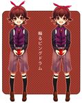  2boys apple black_hair food fruit highres holding mawaru_penguindrum multiple_boys open_mouth red_eyes sheepstar shirase_(mawaru_penguindrum) shorts siblings smile souya_(mawaru_penguindrum) standing twins 