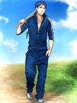  aluminum_bat bad_id bad_pixiv_id baseball_bat blue_hair earrings fate/stay_night fate_(series) hand_in_pocket jewelry lancer long_hair mitsuki_mitsuno ponytail red_eyes solo track_suit 