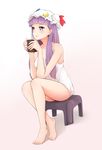  alternate_costume bad_id bad_pixiv_id bare_shoulders barefoot blush breasts chair cleavage crescent cup full_body hat highres long_hair medium_breasts mug naoki_noritaka parted_lips patchouli_knowledge purple_eyes purple_hair sitting solo touhou 