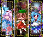  animal_ears ankle_boots armband aura blouse blue_hair boots border bow brown_hair bubble_skirt cat_ears cat_tail character_name chen chibi chino_(ch_no) chrysanthemum column_lineup cross-laced_footwear dress expressionless fang floral_background flower food fruit hannya hat hata_no_kokoro hinanawi_tenshi jewelry juliet_sleeves knee_boots kneehighs layered_dress leaf long_hair long_sleeves looking_at_viewer mask mob_cap multiple_girls multiple_tails noh_mask open_mouth peach pink_eyes pink_hair plaid plaid_shirt puffy_sleeves red_eyes shirt short_hair single_earring skirt skirt_set tail touhou wrist_cuffs yin_yang 