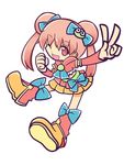  ;d arm_warmers bad_id bad_pixiv_id blue_bow boots bow character_hair_ornament colorful cropped_jacket double_bun full_body hair_bow hair_ornament knee_boots long_hair one_eye_closed open_mouth original parody pink_eyes pink_hair puyo_(puyopuyo) puyopuyo puyopuyo_fever ribbon skirt smile solo style_parody twintails ururu1998 v white_background 