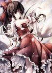  black_hair bow detached_sleeves hair_bow hair_tubes hakurei_reimu kai_yuuki long_hair long_sleeves midriff petals ponytail red_eyes shirt skirt skirt_set solo spell_card touhou very_long_hair wide_sleeves 