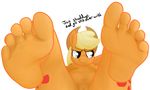  5_toes anthro anthrofied applejack_(mlp) blonde_hair breasts companioncube cowboy_hat cutie_mark dialog english_text equine eyes female foot_fetish foot_focus friendship_is_magic fur green_eyes hair hat hindpaw horse human_feet mammal my_little_pony orange_fur paws plain_background plantigrade pony soles text toes white_background 