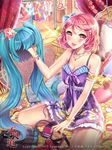  aqua_hair bad_id bad_pixiv_id bed blush bracelet cosplay dress flower furyou_michi_~gang_road~ hair_flower hair_ornament hairclip hatsune_miku hatsune_miku_(cosplay) headphones housen_kozue jewelry long_hair pillow pink_eyes pink_hair sitting smile solo twintails vocaloid wig yeonwa 