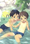  bad_id bad_pixiv_id black_hair brown_eyes brown_hair grin hand_net male_focus male_swimwear multiple_boys open_mouth original shirtless smile summer swim_trunks swimwear tan water yuki_(vicious) 