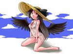  :o araki_(qbthgry) barefoot bikini bikini_under_clothes black_hair black_wings breasts cloud dress_shirt hair_ribbon hand_on_thigh hat kneeling long_hair medium_breasts navel open_clothes open_shirt red_eyes reiuji_utsuho ribbon shirt sky sleeveless sleeveless_shirt solo sun_hat swimsuit swimsuit_under_clothes third_eye touhou wings 