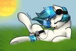  equine eyes_closed female feral friendship_is_magic fur grass hair headphones horn horse ipod kumapony long_hair lying mammal music my_little_pony on_back open_mouth outside pony sky smile solo spread_legs spreading strap sun teeth tongue two_tone_hair unicorn vinyl_scratch_(mlp) white_fur 